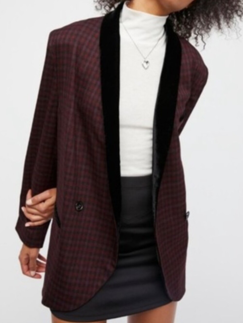 Free People Velvet Trim Plaid Blazer in Maroon and Black